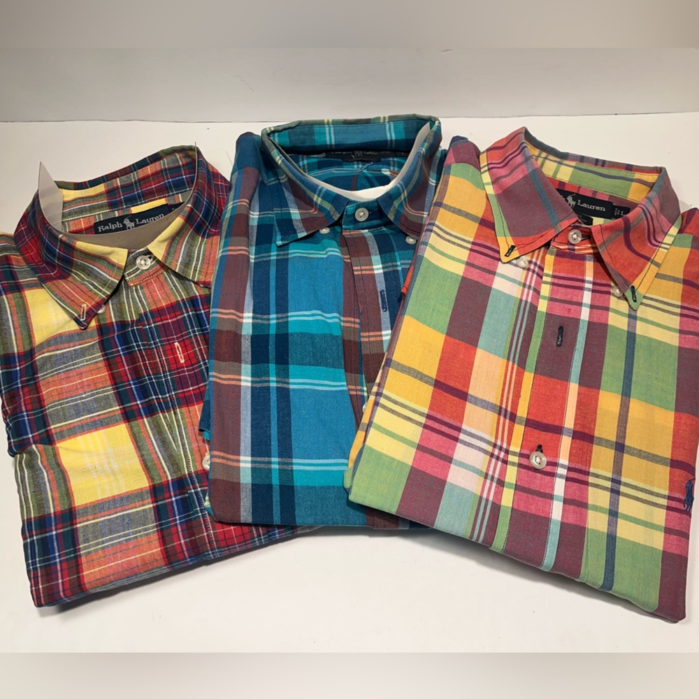 3 x Ralph Lauren Blake Button Up Shirts Plaid Short Sleeve Cotton Sz Large